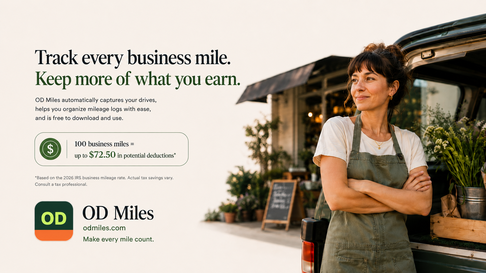OD Miles promotional graphic showing a business owner and a 100-mile mileage value example.