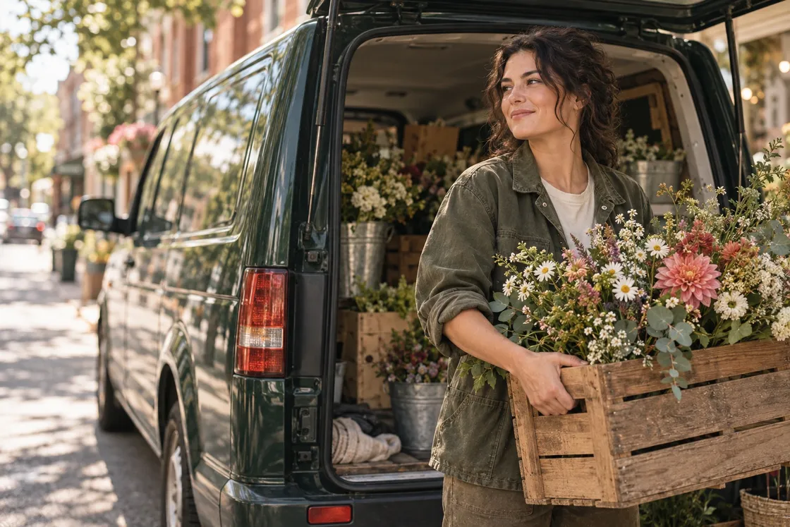 A florist loading flowers into her work van before her next delivery.