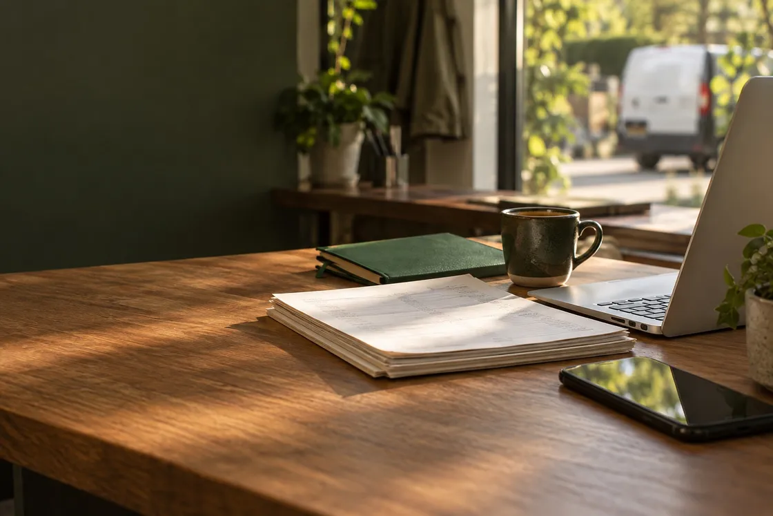 An organized small business workspace with a laptop, notebook, and paperwork in warm afternoon light.
