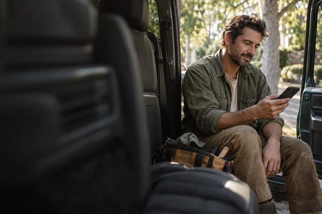 A contractor reviewing his phone while taking a break in his parked work vehicle.