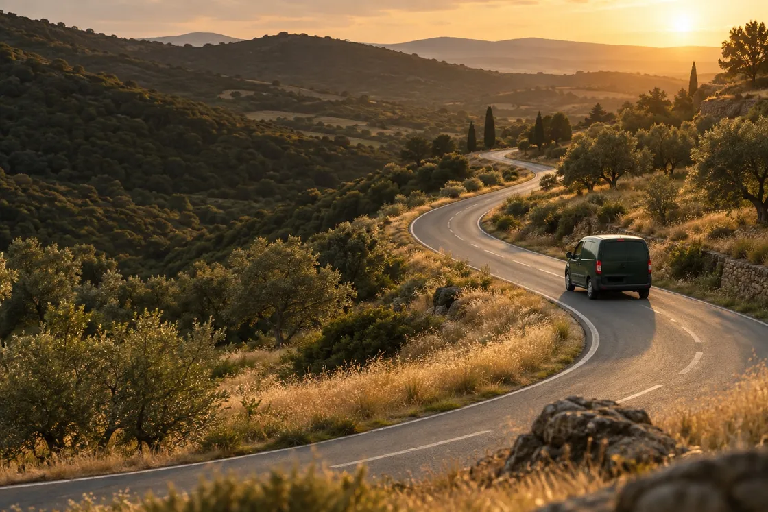A green work van following a winding road through sunlit hills.