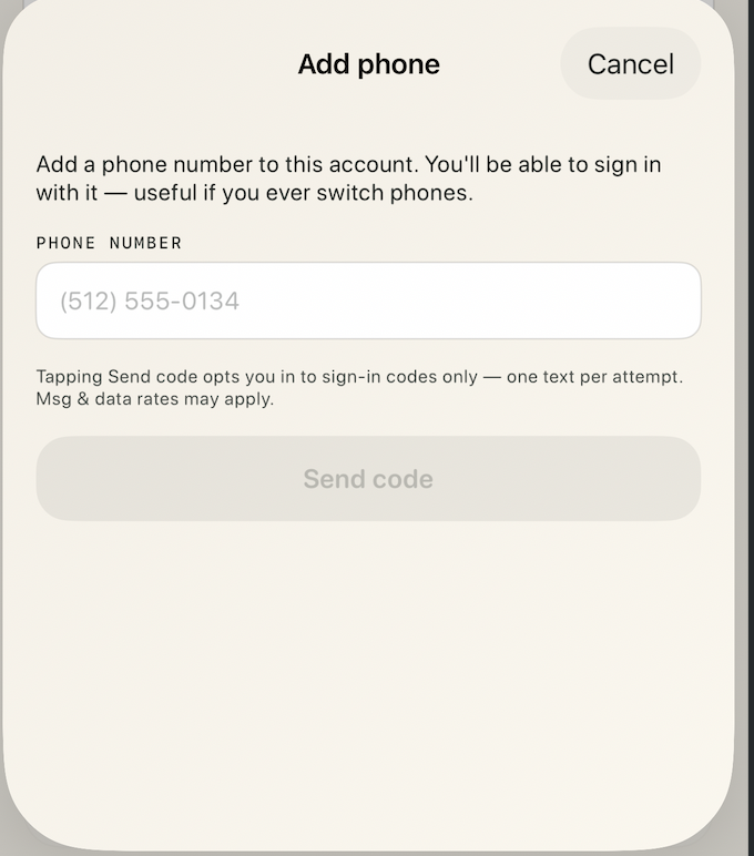 OD Miles Add phone number sheet showing the phone number field, the SMS disclosure text, and the Send code button.