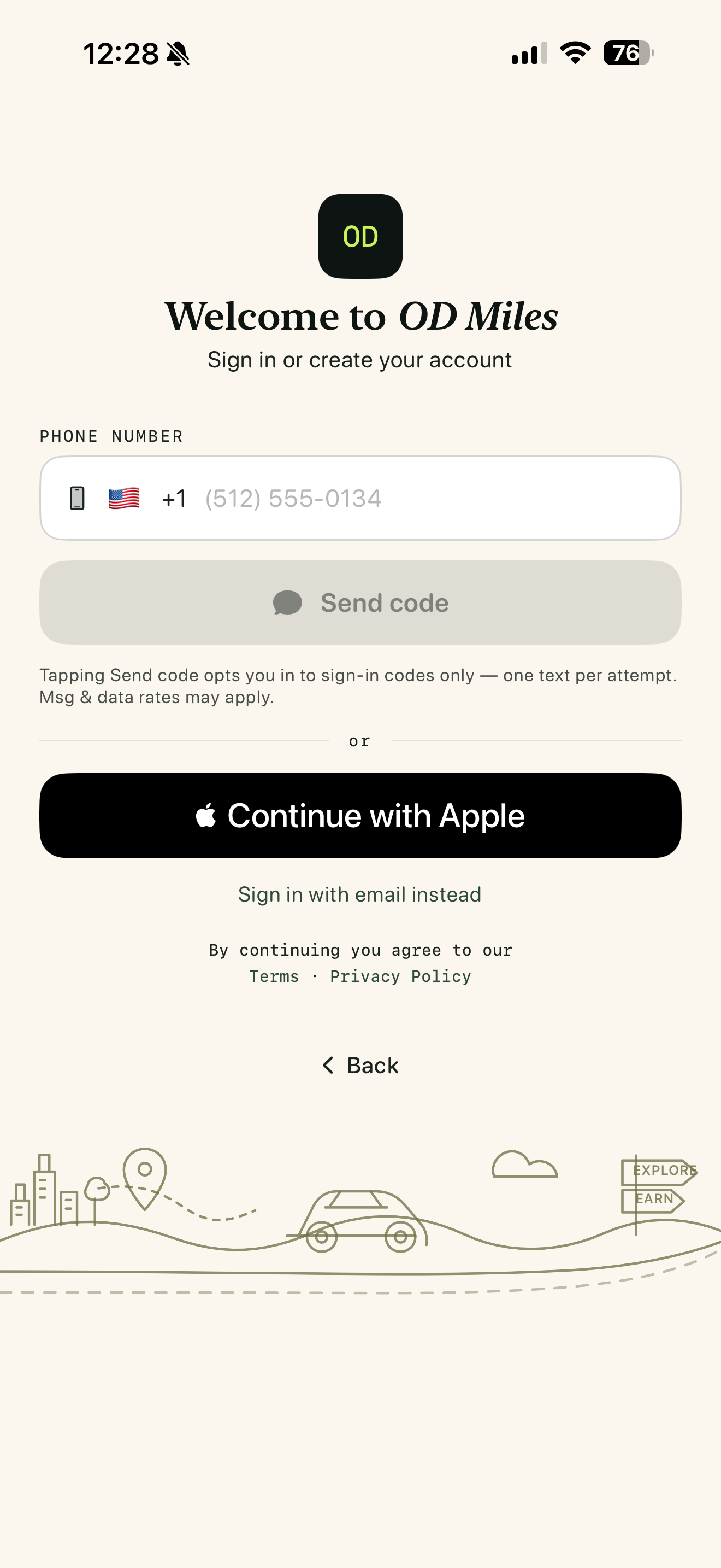 OD Miles sign-in screen showing the mobile number field, the Send code button, and the SMS disclosure text beneath it.